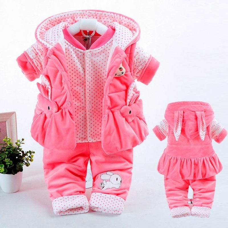 Cozy Autumn & Winter Baby Girl 3-Piece Outfit Set – Flannel Jacket, Vest & Pants
