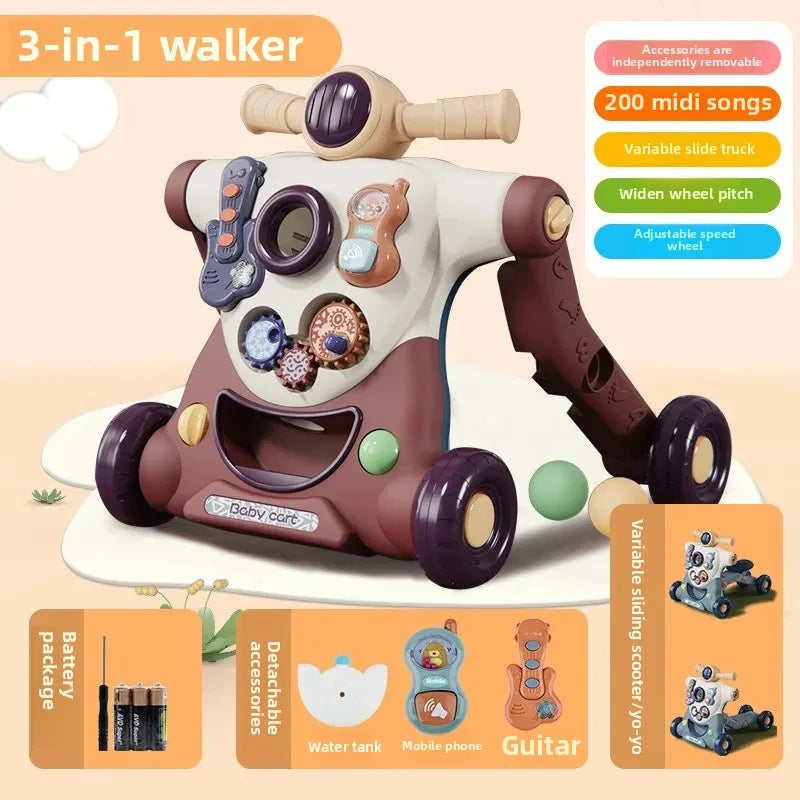 Three-in-One Early Education Baby Walker Stroller Steerable Anti-Tip Multifunctional Toddler Toy Car for Babies Learning to Walk