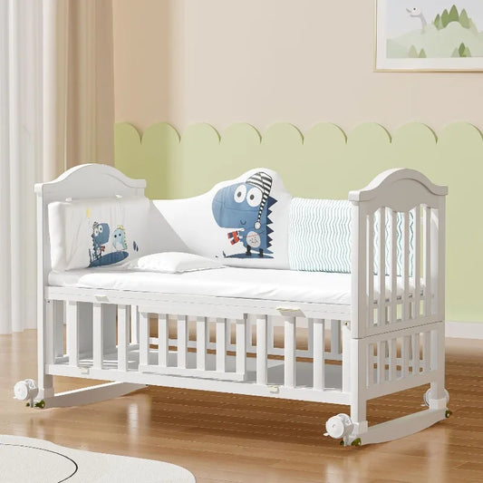 Solid Wood Baby Crib – European Style Movable Newborn Cradle
