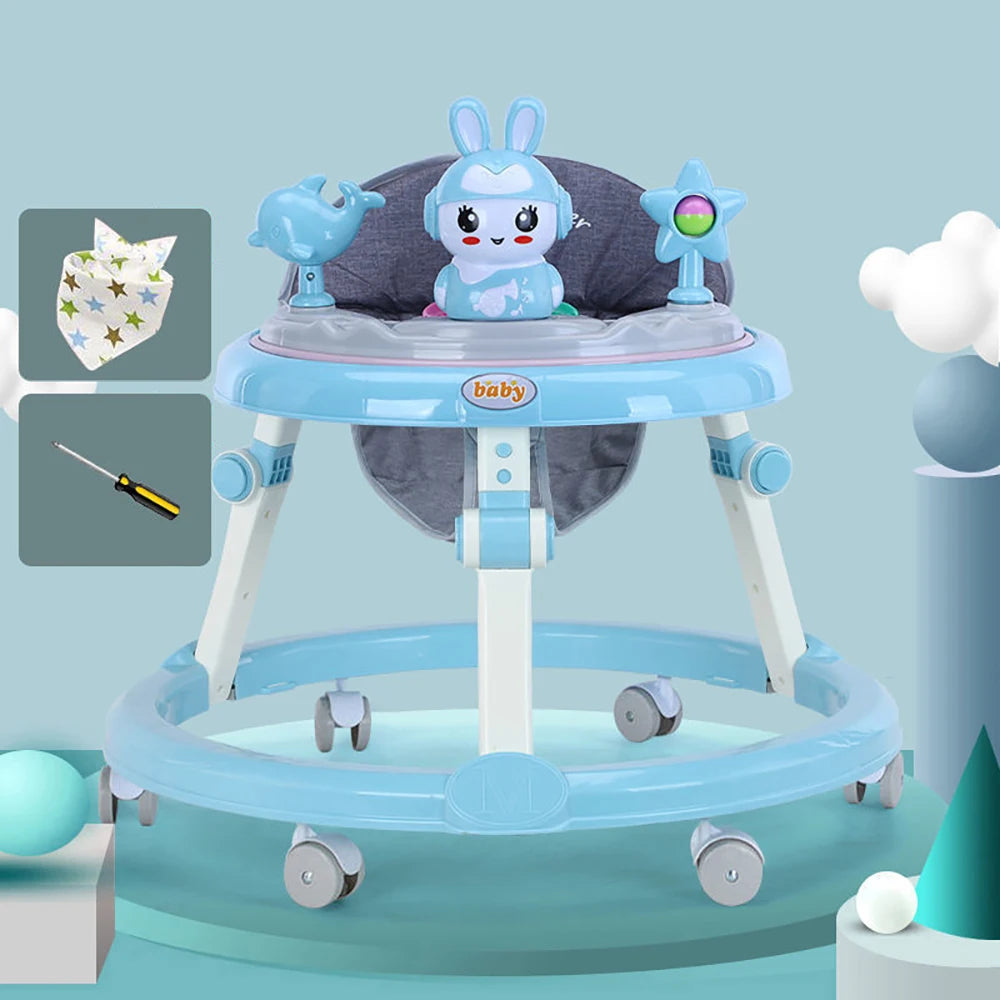 Musical Baby Walker Foldable Anti-Roll 6-Wheel Round Chassis Baby Activities Walker 6-Speed Height Adjustment Baby Ride with Toy