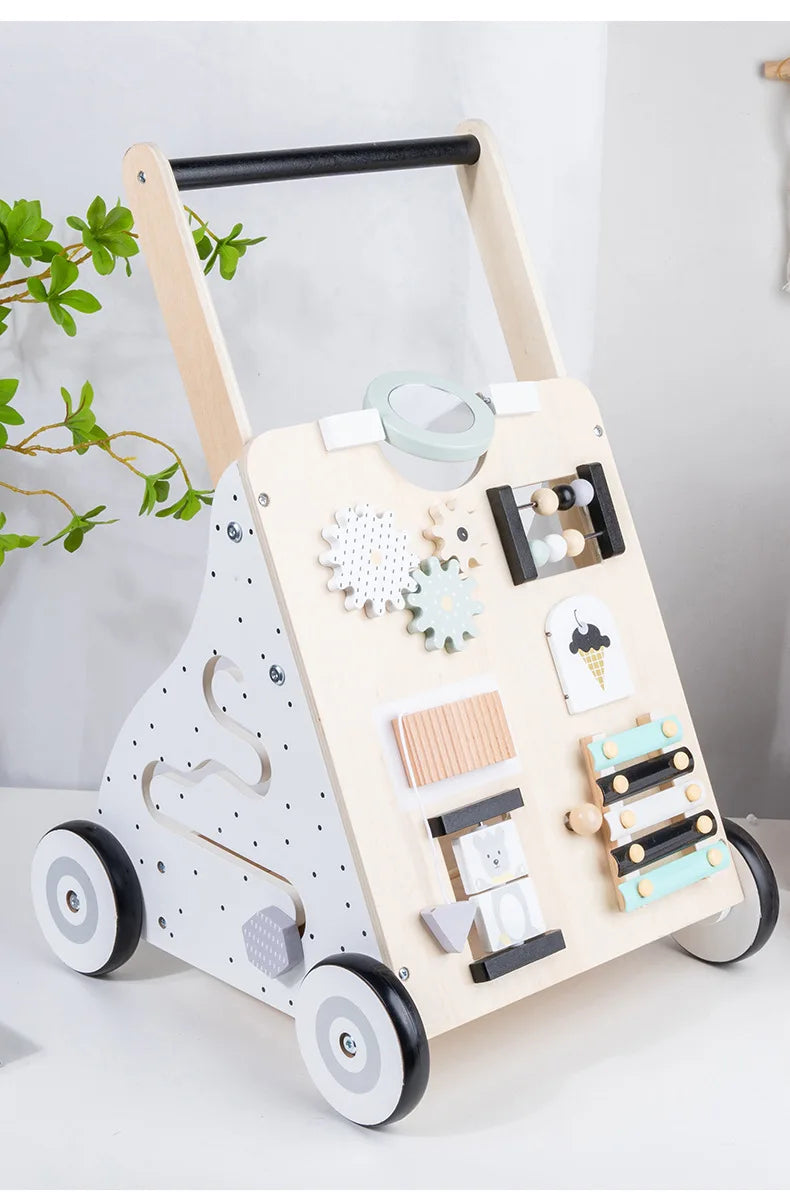 Wooden Baby Walker Cart - Anti Rollover & O-Shaped Leg Design, Adjustable Multifunctional Learning Walking Toy for Toddlers