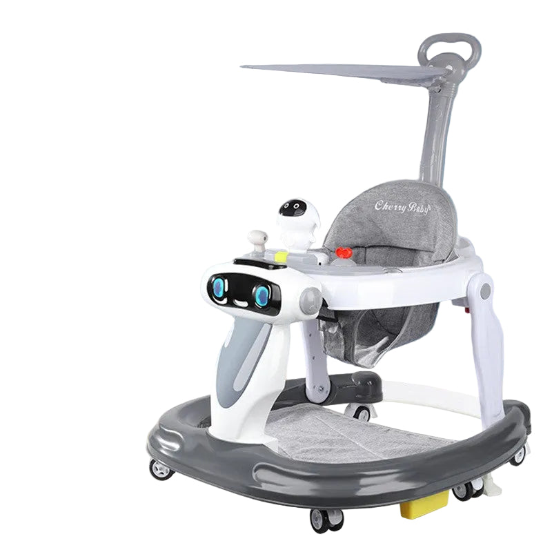 Baby walker with a robot toy on a light blue background