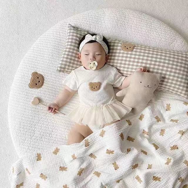 Rectangular Plaid Bear Cotton Soothing Anti-collision Pillow Baby Bed Cover Newborn Cushion