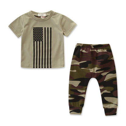 Kids’ Camouflage Flag Outfit – Trendy Summer Two-Piece Set