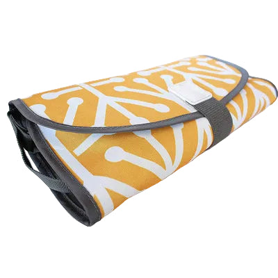 Roll-up mat with yellow and white pattern on a light gray background