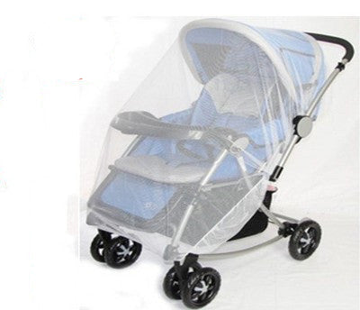 Baby stroller with a transparent mesh cover on a white background