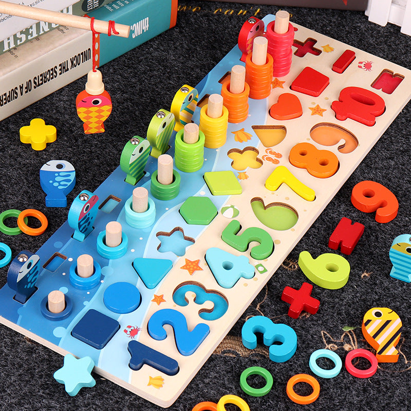 Colorful wooden educational toys with shapes and numbers on a dark surface