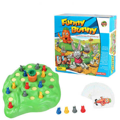 Funny Bunny board game set with game board, pieces, and packaging on a white background