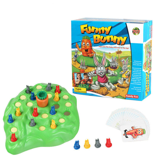 Funny Bunny board game set with game board, pieces, and packaging on a white background