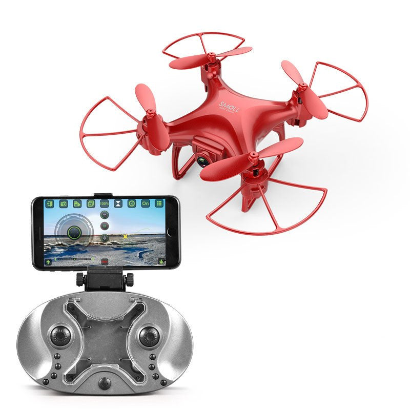 Red drone with smartphone controller on a white background