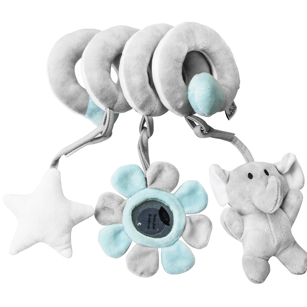 Baby teething ring with star, flower, and elephant toys on a white background