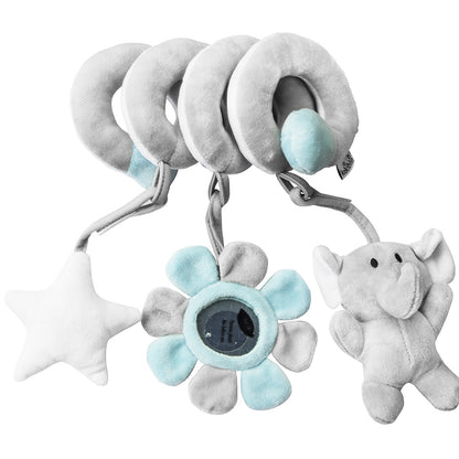 Baby teething ring with star, flower, and elephant toys on a white background