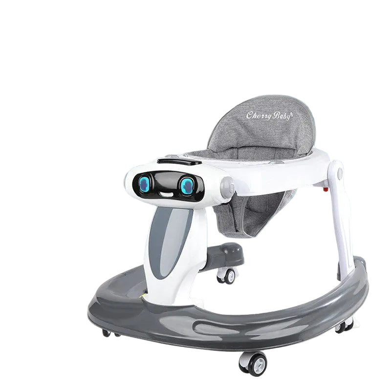 Baby walker with gray seat and base on a light blue background