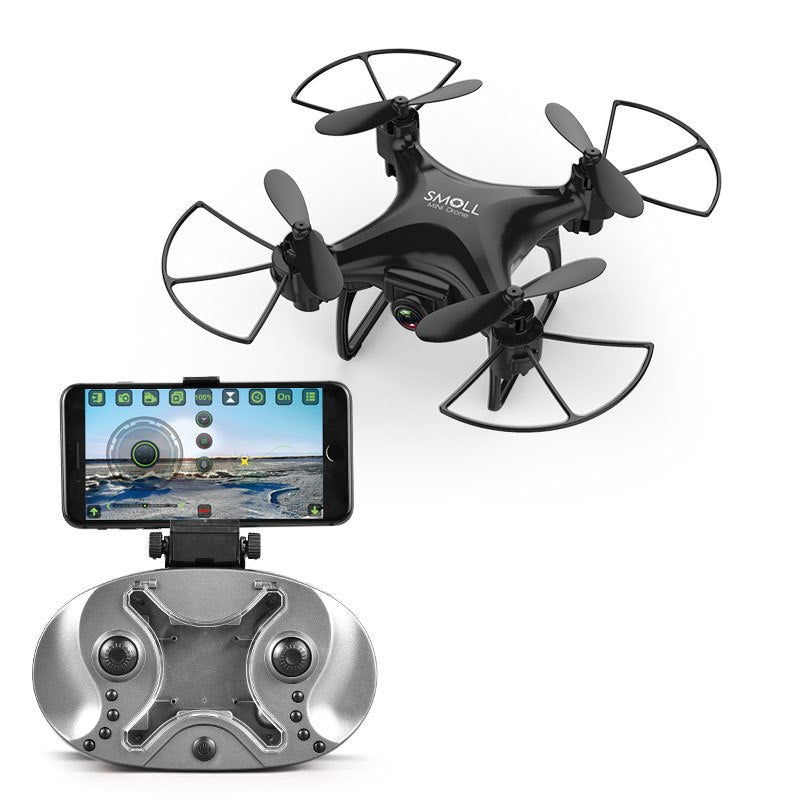 Black drone with smartphone app interface on a white background