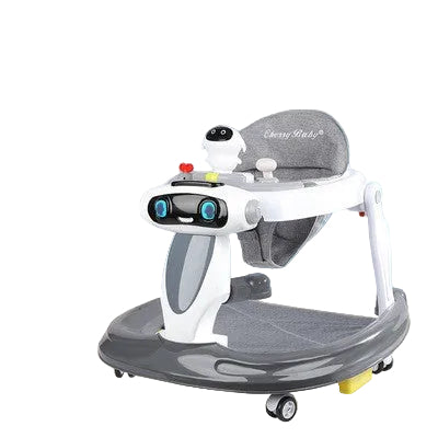 Baby walker with robot toy on a light blue background