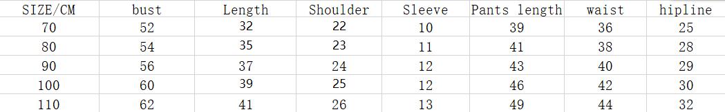 Table displaying measurements for a garment with columns for size, bust, length, shoulder, sleeve, pants length, waist, and hipline.