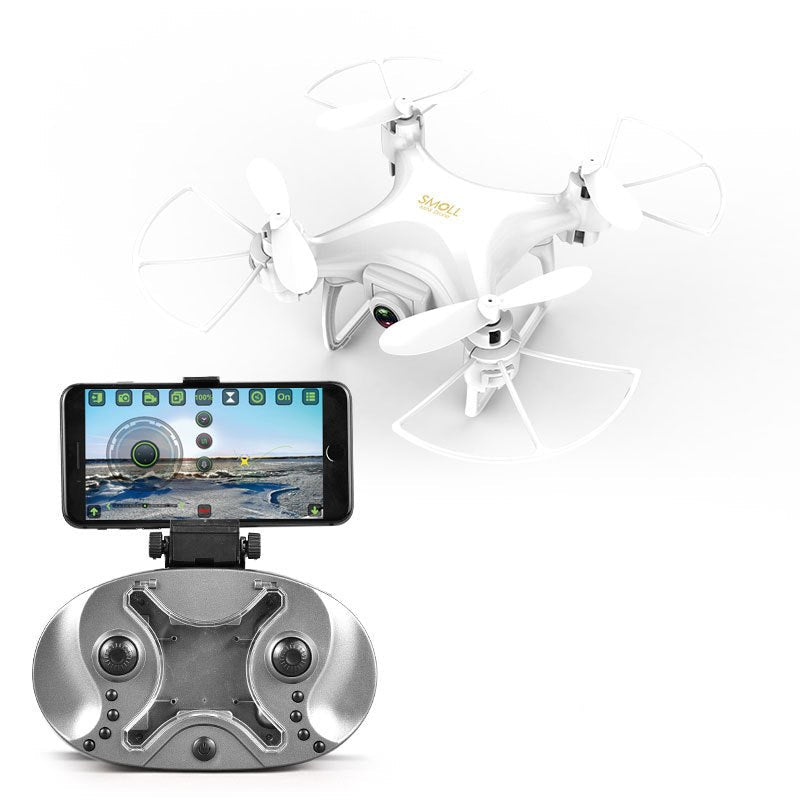 White drone with a smartphone holder displaying a live feed, on a white background.
