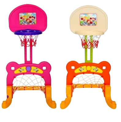 Two colorful children's basketball hoops with screens on a white background