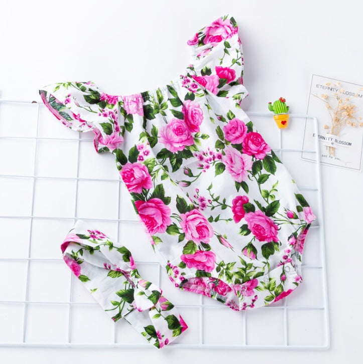 Floral Ruffle Sleeve Baby Romper Set – Soft Cotton One-Piece with Matching Headband