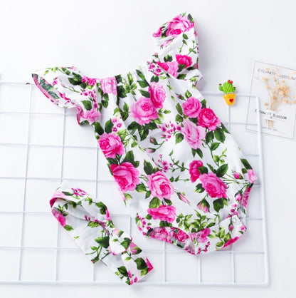 Floral Ruffle Sleeve Baby Romper Set – Soft Cotton One-Piece with Matching Headband