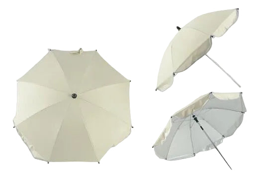 Three beige umbrellas of different sizes on a gray background