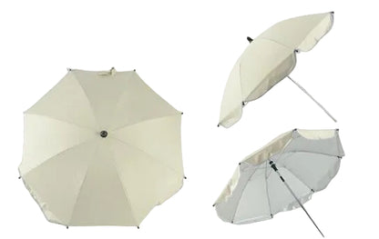 Three beige umbrellas of different sizes on a gray background