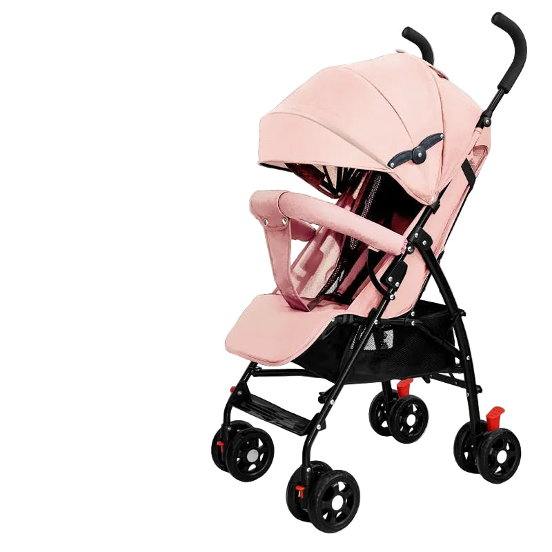 Pink baby stroller with accessories on a white background