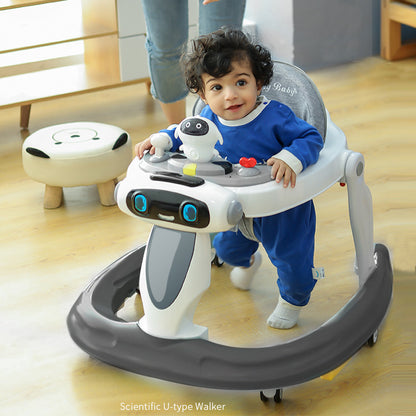 Child using a baby walker with a robot design on a wooden floor.