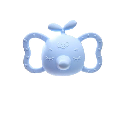 Blue baby teether with additional accessories on a light background