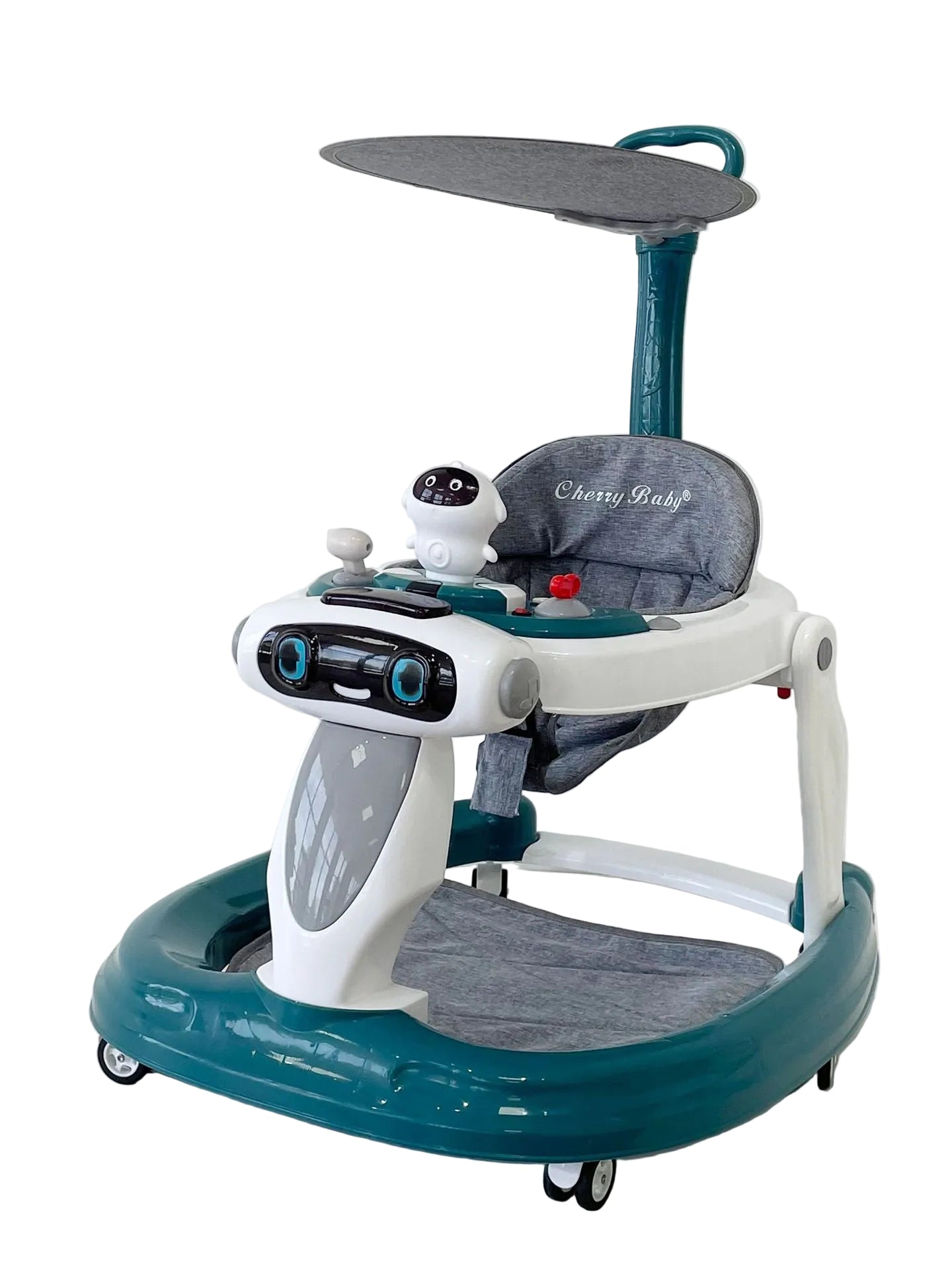 Children's walker with a robot toy on a white background