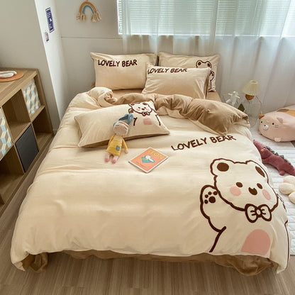 Lovely Bear Milk Fleece Four-Piece Bedding Set – Ultra-Warm & Adorably Cozy