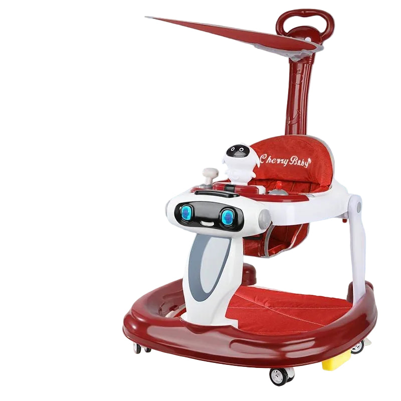 Red and white baby walker with robot design on a light blue background