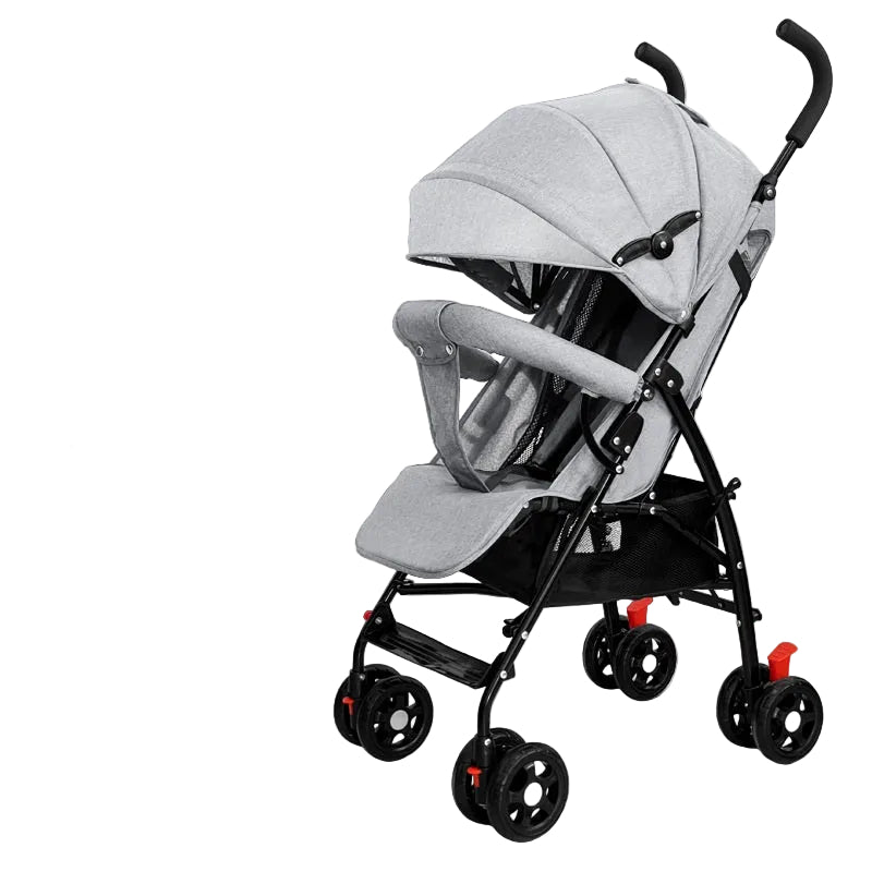 Gray baby stroller with accessories on a white background