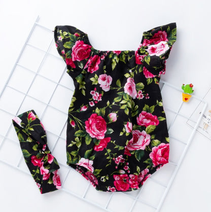 Floral Ruffle Sleeve Baby Romper Set – Soft Cotton One-Piece with Matching Headband