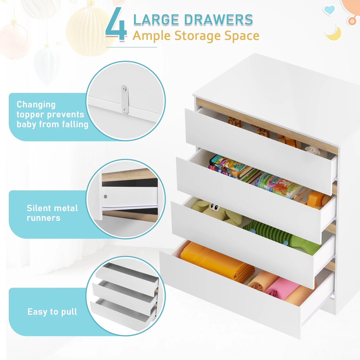 WOLTU 1SET White Changing Table with 4 Drawers 80x75x109.2cm Changing Dresser Baby Storage Unit for Children Room