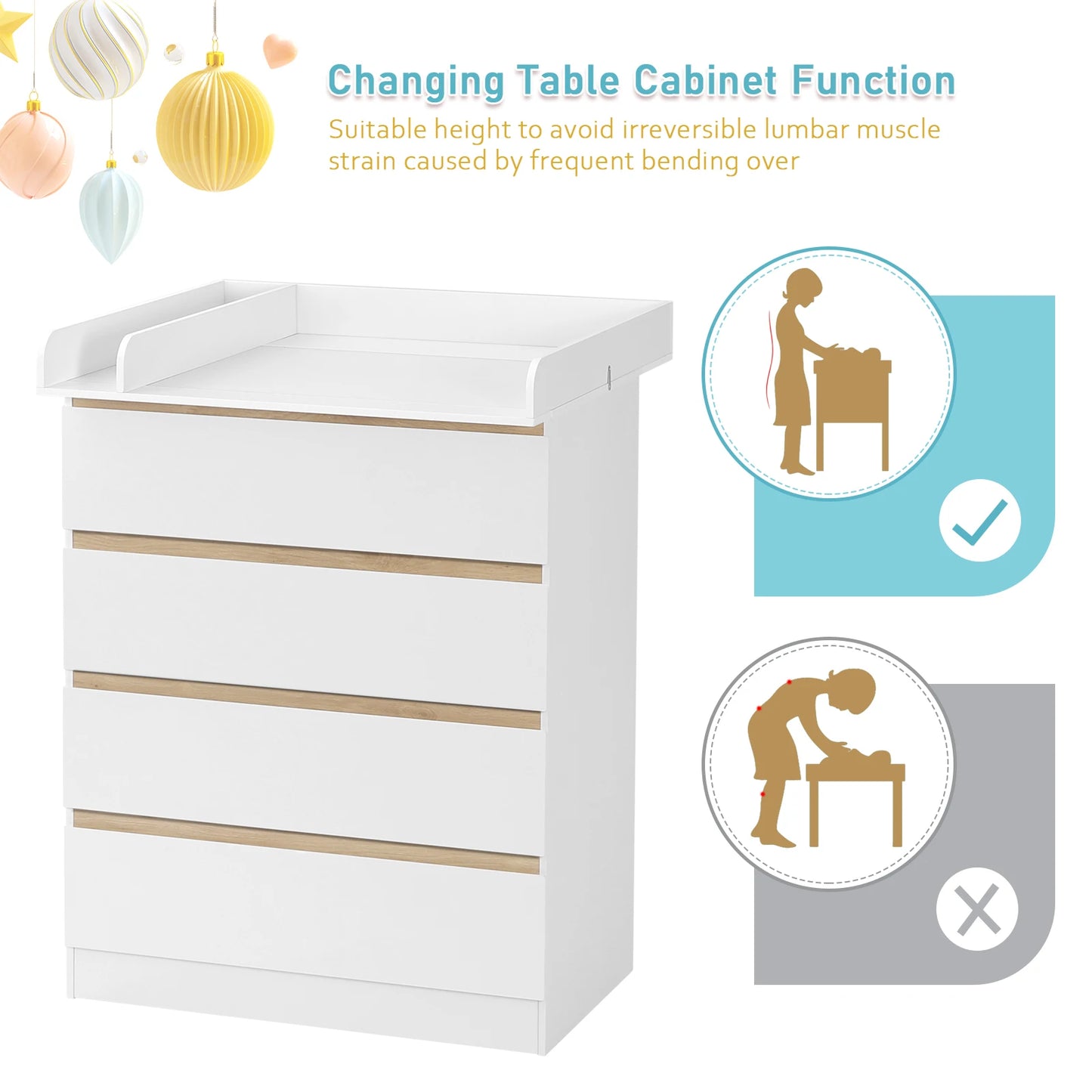 WOLTU 1SET White Changing Table with 4 Drawers 80x75x109.2cm Changing Dresser Baby Storage Unit for Children Room