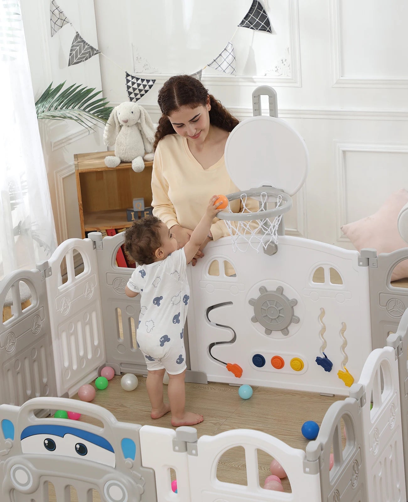 BabyBlush Foldable Baby Playpen with Basketball Hoop & 50 Pit Balls (14 Panel)