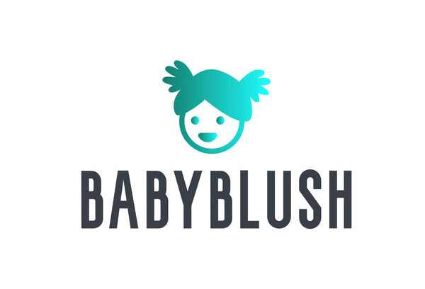Logo of BABYBLUSH with a stylized face and teal hair on a white background