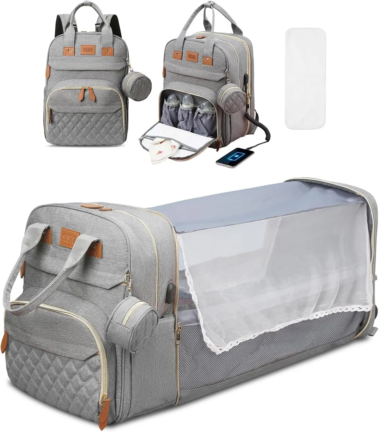 All-In-One 3-in-1 Diaper Bag Backpack with Foldable Baby Bed