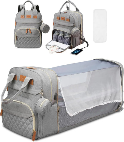 All-In-One 3-in-1 Diaper Bag Backpack with Foldable Baby Bed