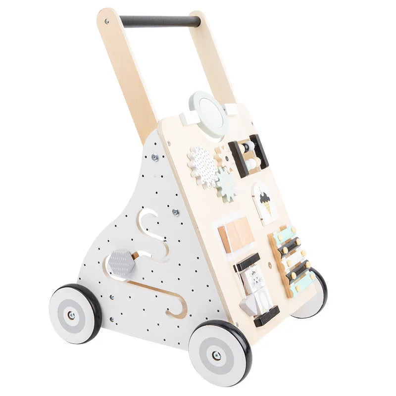 Wooden Baby Walker Cart - Anti Rollover & O-Shaped Leg Design, Adjustable Multifunctional Learning Walking Toy for Toddlers