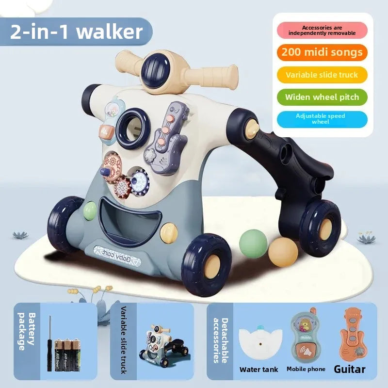 Three-in-One Early Education Baby Walker Stroller Steerable Anti-Tip Multifunctional Toddler Toy Car for Babies Learning to Walk