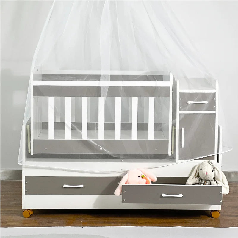 Modern Solid Pine Convertible Baby Crib with Storage Drawers