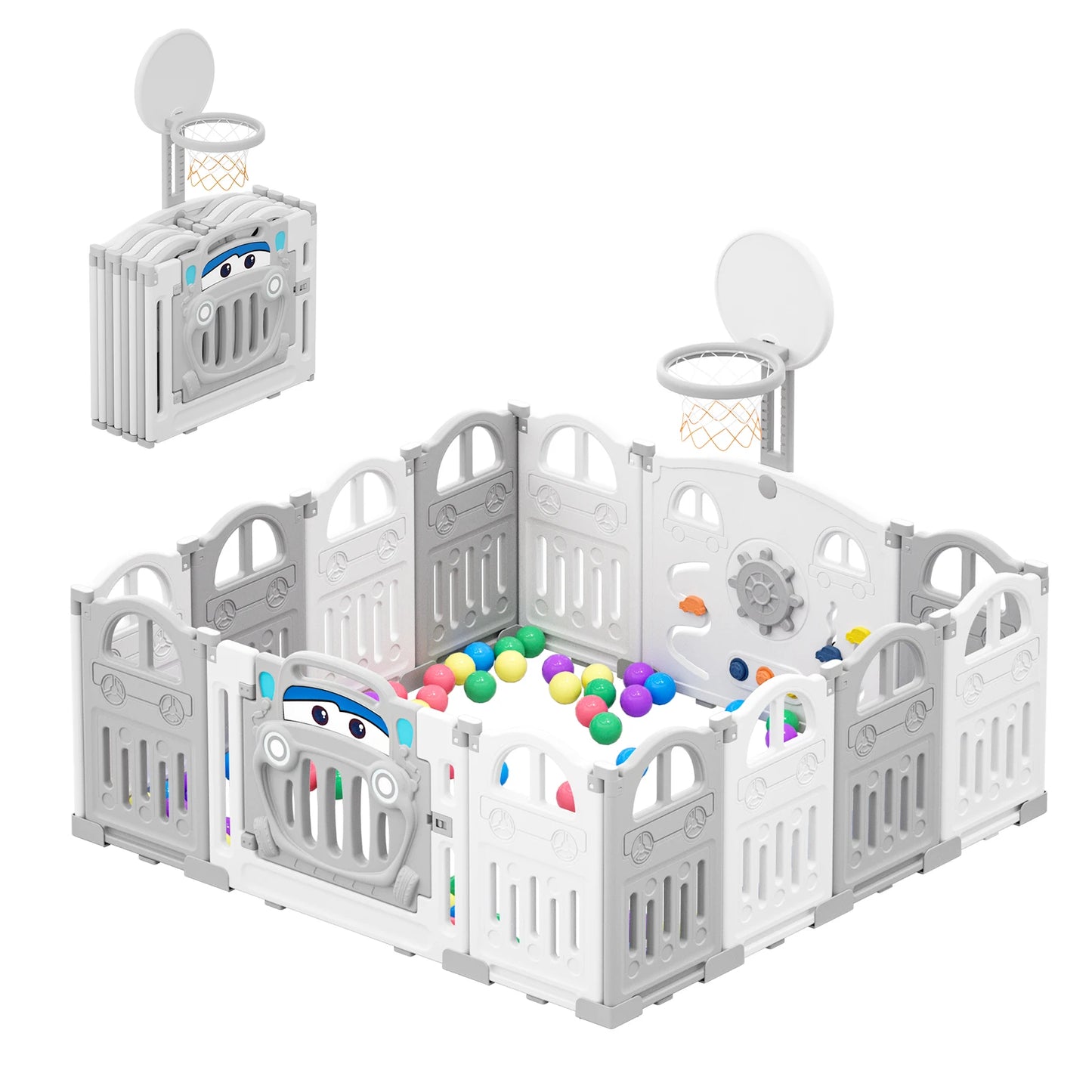 BabyBlush Foldable Baby Playpen with Basketball Hoop & 50 Pit Balls (14 Panel)