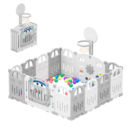 BabyBlush Foldable Baby Playpen with Basketball Hoop & 50 Pit Balls (14 Panel)