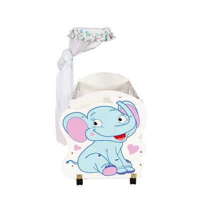 Classic White Wooden Baby Cot with Elephant Pattern, Storage Drawer & Net