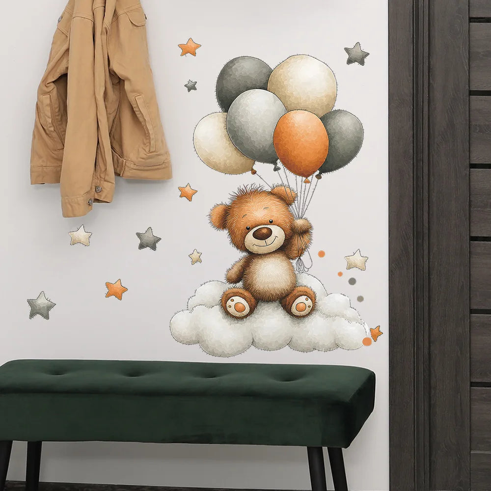 Adorable Teddy Bear Wall Decals Removable Decor With Balloons Stars & Clouds For Kids’ Bedroom Playroom Baby Nursery