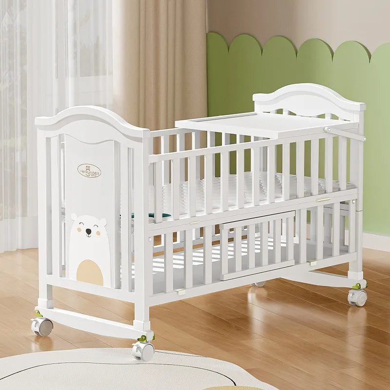 Solid Wood Baby Crib – European Style Movable Newborn Cradle