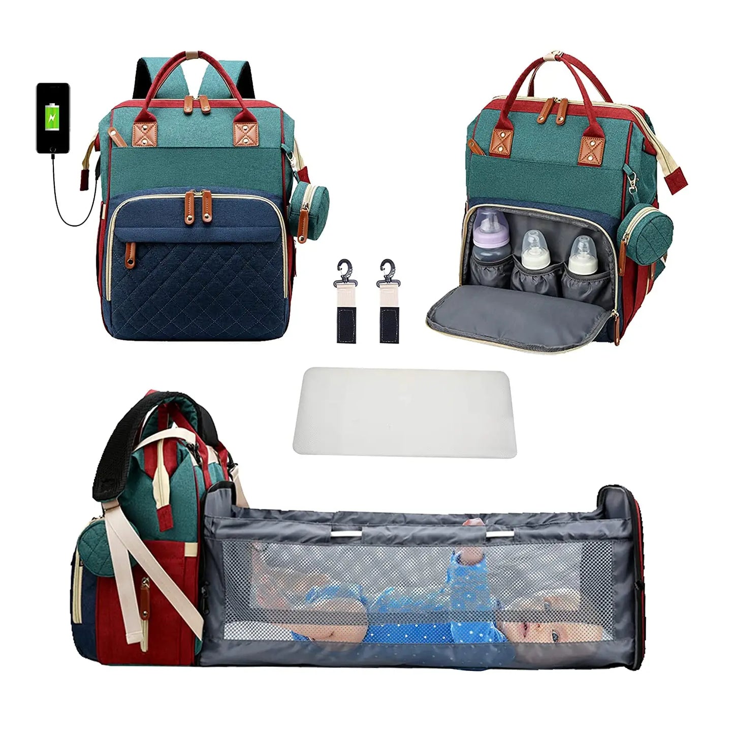 All-In-One 3-in-1 Diaper Bag Backpack with Foldable Baby Bed