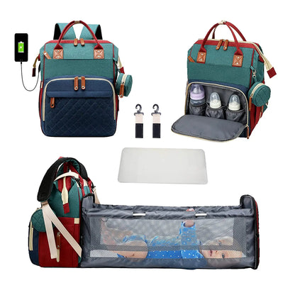 All-In-One 3-in-1 Diaper Bag Backpack with Foldable Baby Bed